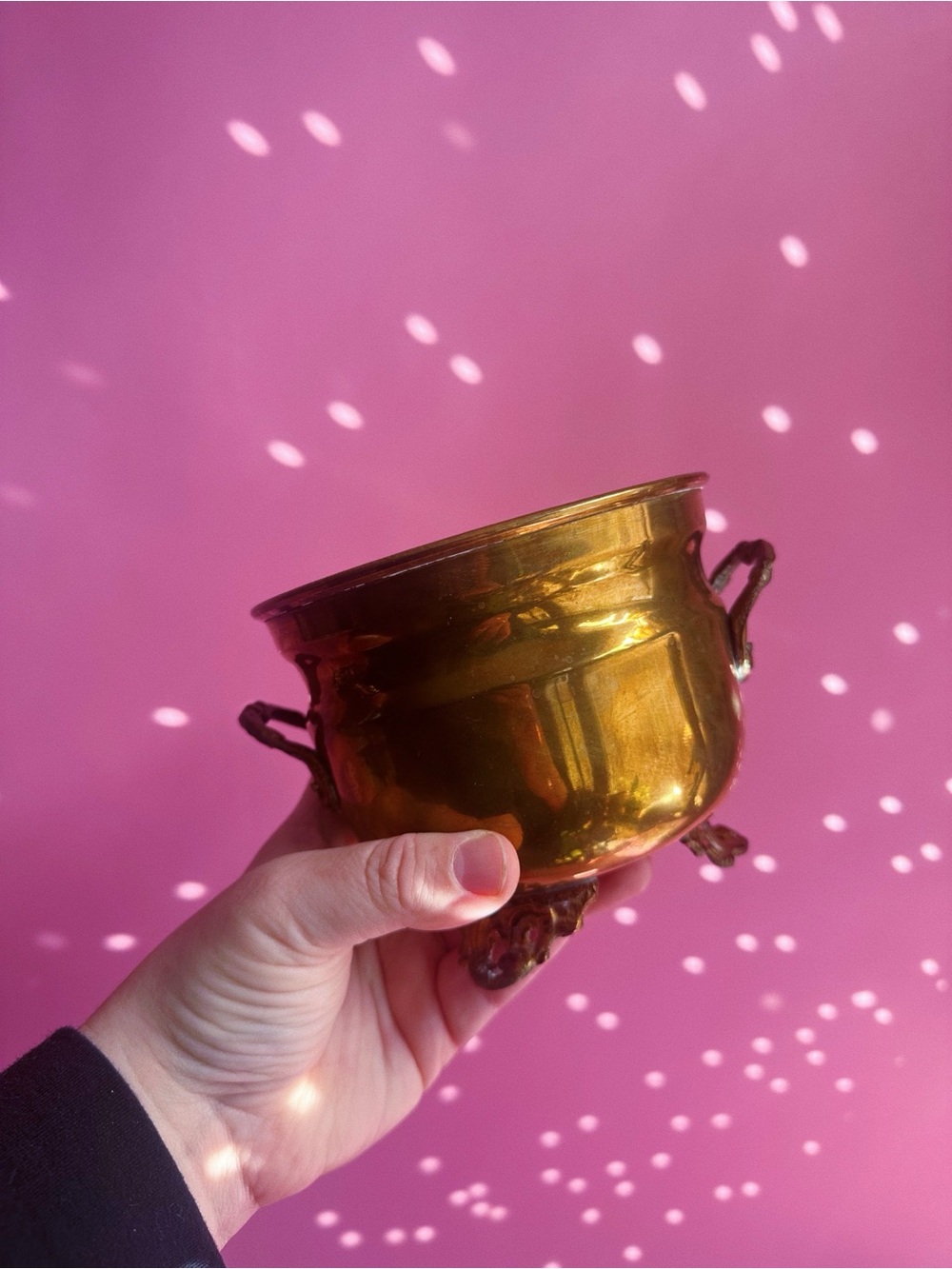 Vintage Brass Footed Cauldron Cache Planter for Indoor Plants - Shiny Gold Tone